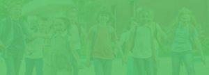 Elementary students leaving school together with green overlay
