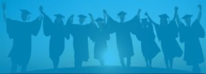 Students celebrating graduation together with blue overlay
